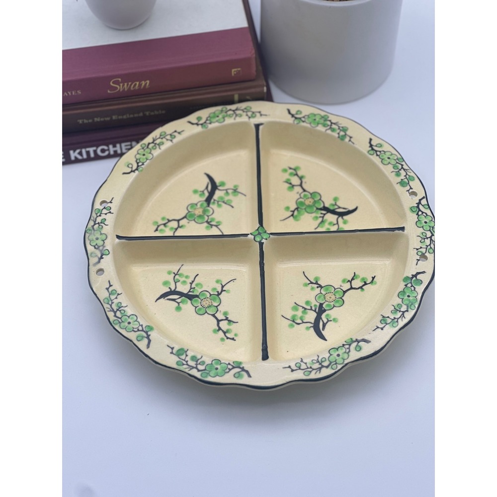 Vintage Moriyama Hand Painted Japan Green Floral Divided Relish Dish 11" - Picture 2 of 6